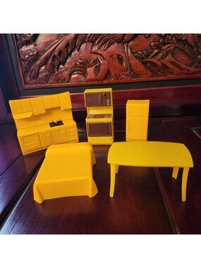 Vintage Yellow Plastic Dollhouse Furniture Set - Kitchen Dining Table & Bed